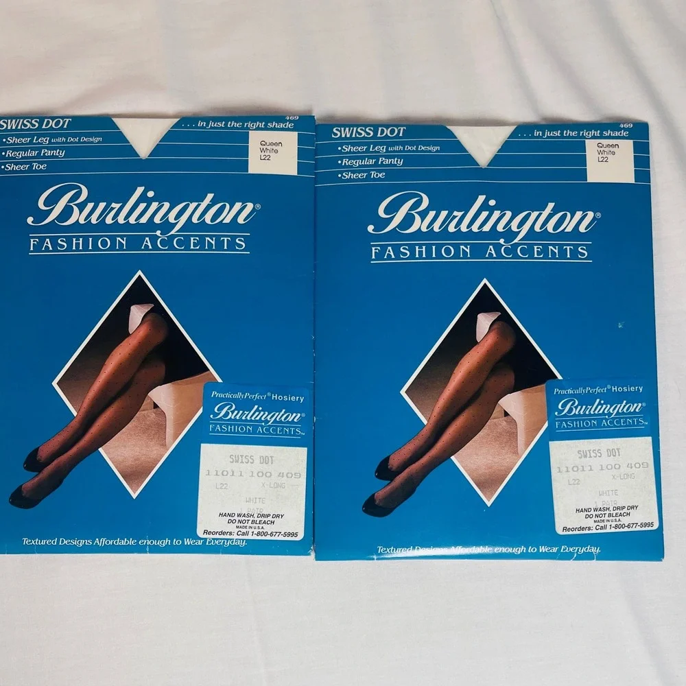 Burlington Swiss Dot Pantyhose Queen X-Long White L22 Vintage 2 Pairs NOS